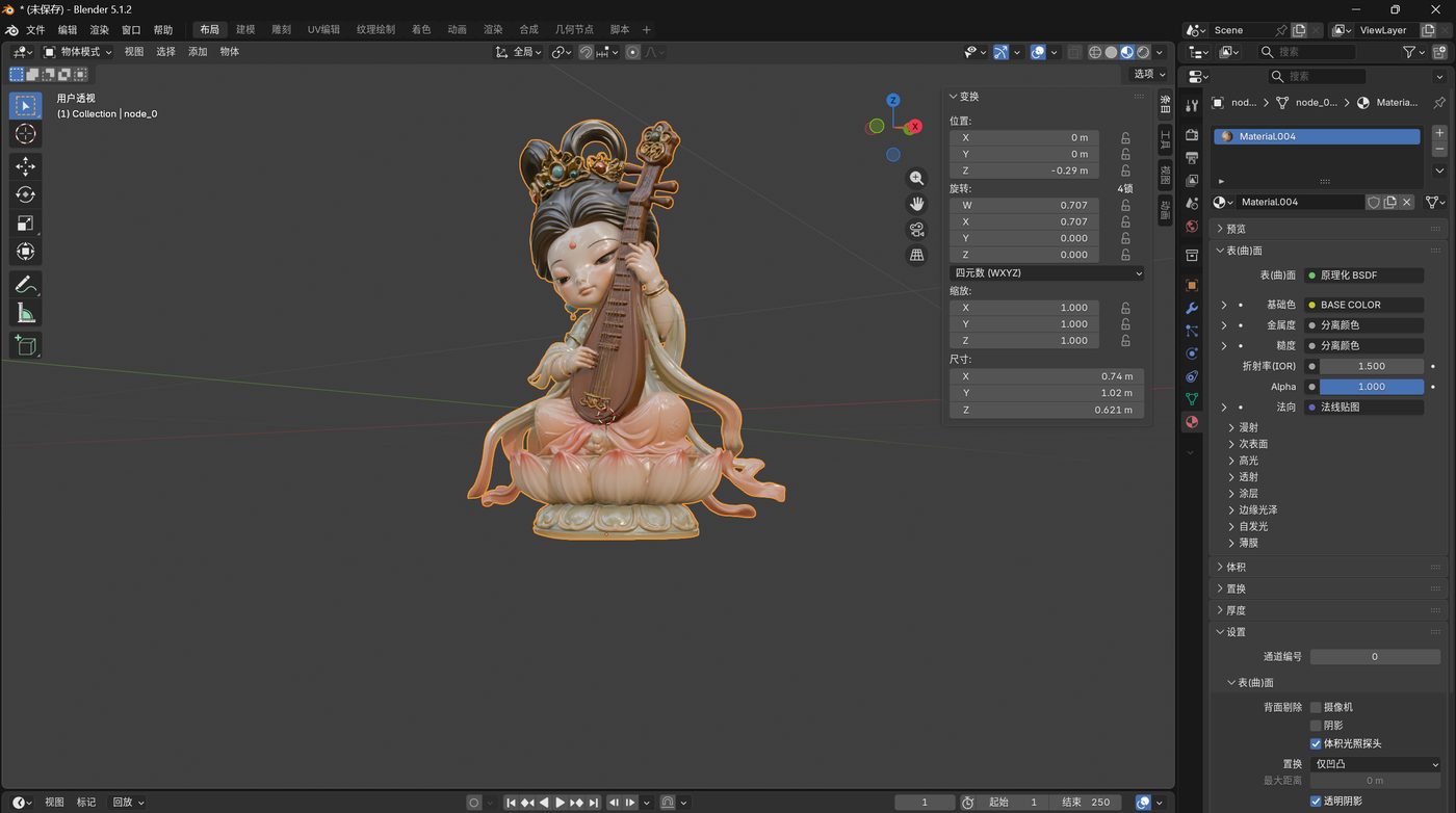 Blender 中的抱琵琶人物建模界面