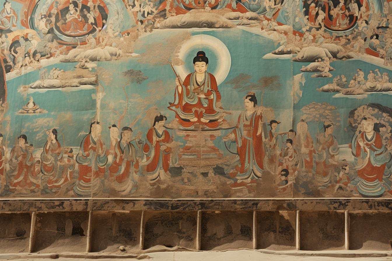 敦煌壁画说法图，中央佛像与两侧听法人物，石青、赭石与米白色调