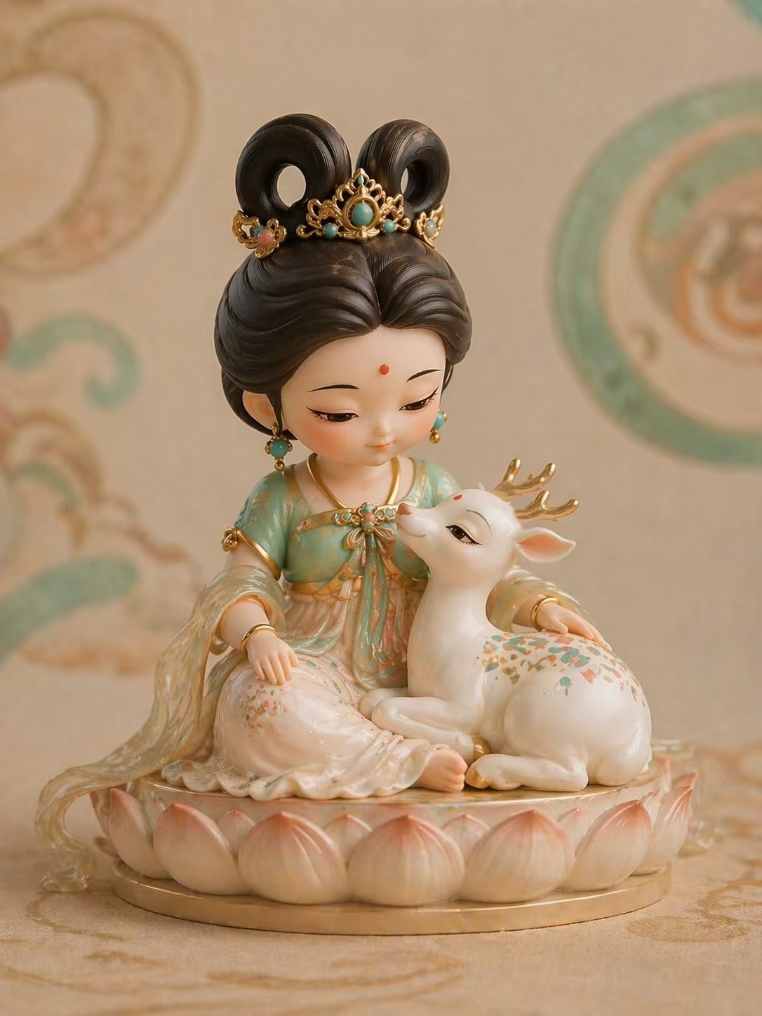 Q版敦煌人物与九色鹿手办，人物佩戴双环望仙髻与金冠，九色鹿伏在身侧