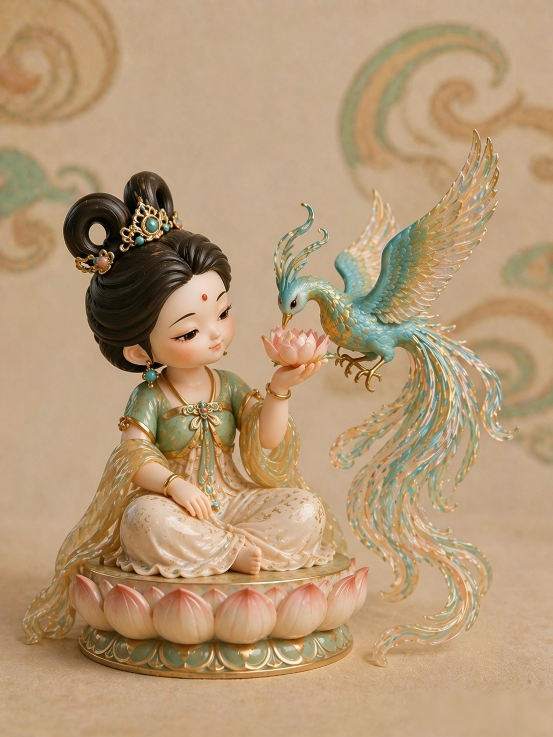 捧莲人物与青鸟手办